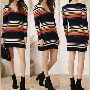 Free People Gidget Knit Striped V-Neck Sweater Dress in Black Multi
